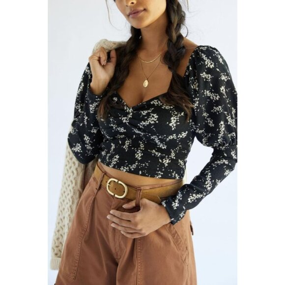 Anthropologie Sweetheart Top‎ Black Floral Long Puff Sleeve Blouse Top Size XS - Picture 2 of 9